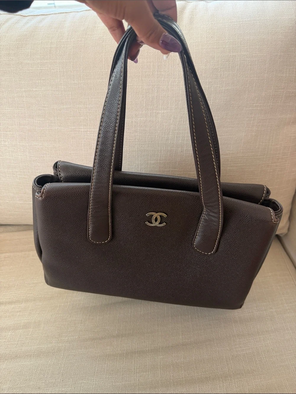 CHANEL Chocolate Brown Leather Double-C Top-Handle Bag